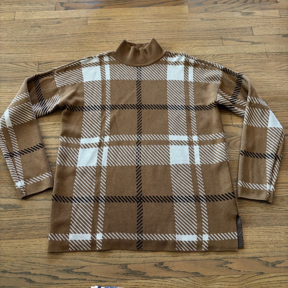Calvin Klein Womens XS Plaid Mock‎ Neck Tunic Sweater Camel Brown White Knit